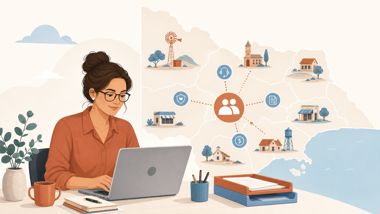 Illustration of an NDIS support worker and payroll specialist reviewing a shift roster and sleepover allowance in Xero, representing NDIS payroll outsourcing for disability support providers across regional Victoria