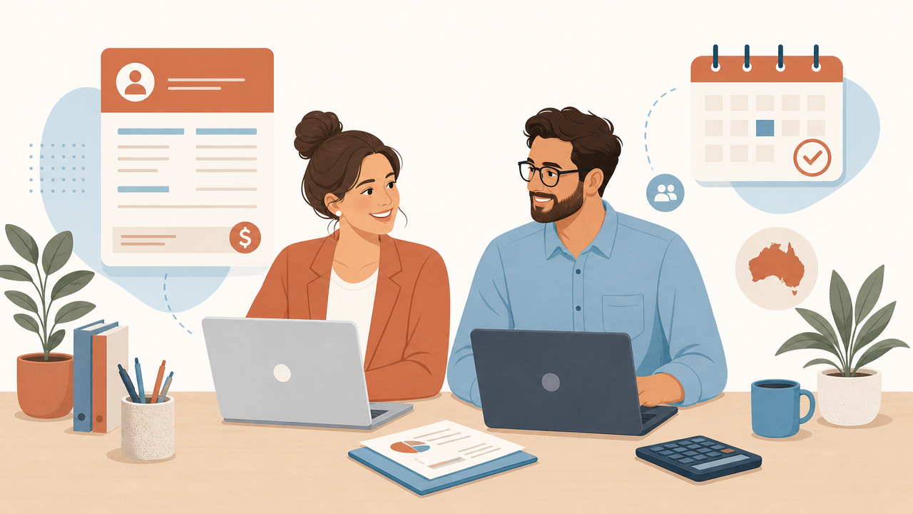 Illustration of a payroll compliance specialist reviewing Award classifications, superannuation and STP Phase 2 reporting for an Australian employer