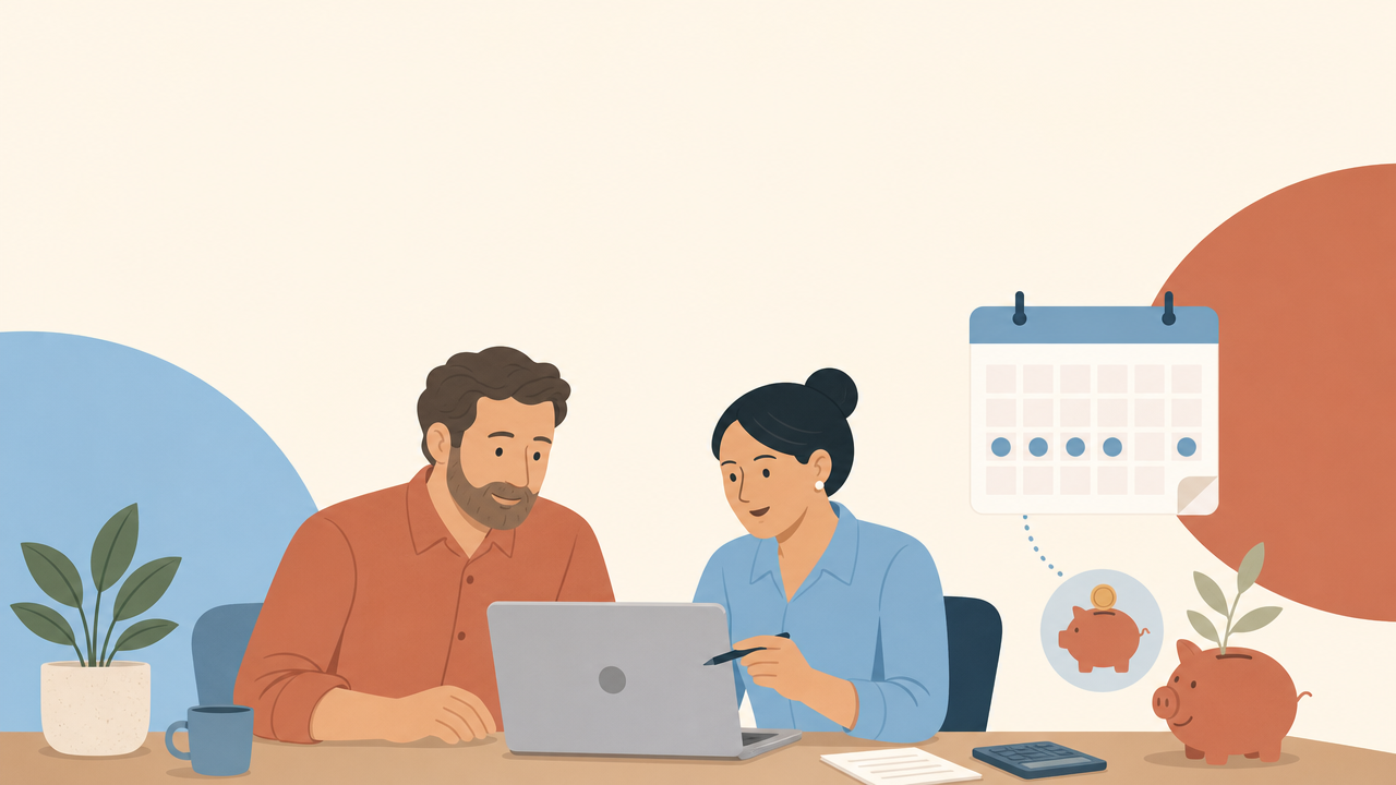 Illustration of a small business owner and payroll specialist setting up Payday Super in Xero, showing a pay-cycle calendar and superannuation icon